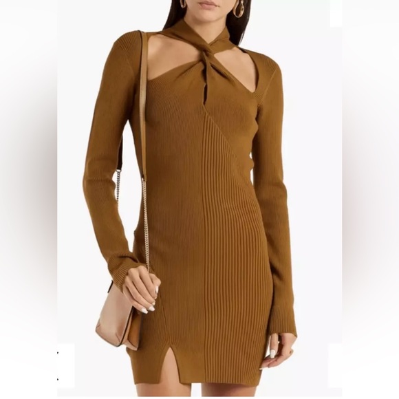 Nicholas Braulia Long Sleeve Neck Twist Mini Sweater Dress Cigar Size Large NWT - Picture 2 of 7